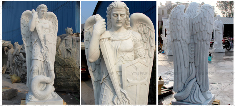  is carved from a slab of white marble, 180cm height, Made for Canada client Mike. He told us he plan to decorate his garden using this statue, he like the michael archangel and believe it could guard and protect his family number. This is the completed ,,