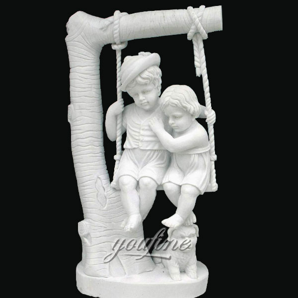 Indoor art decor stone white marble children on swing sculptures for garden decor